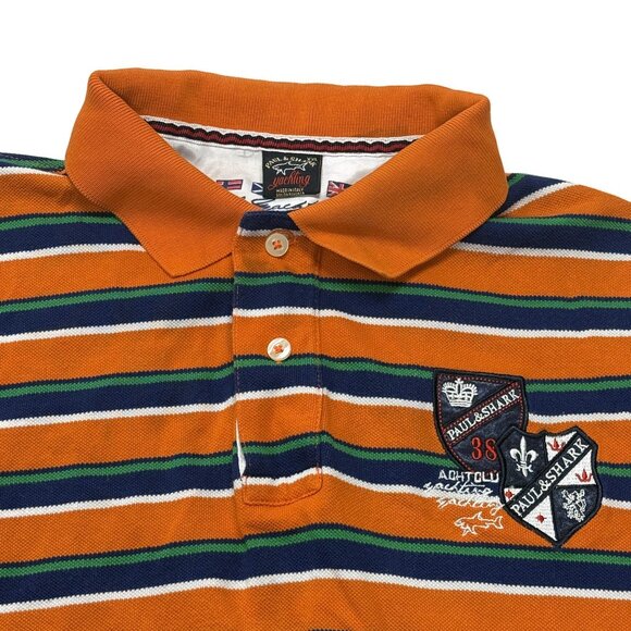Paul & Shark Polo Shirt Womens XXL Short Sleeve Orange Striped Crest Logo Patch - Picture 3 of 9